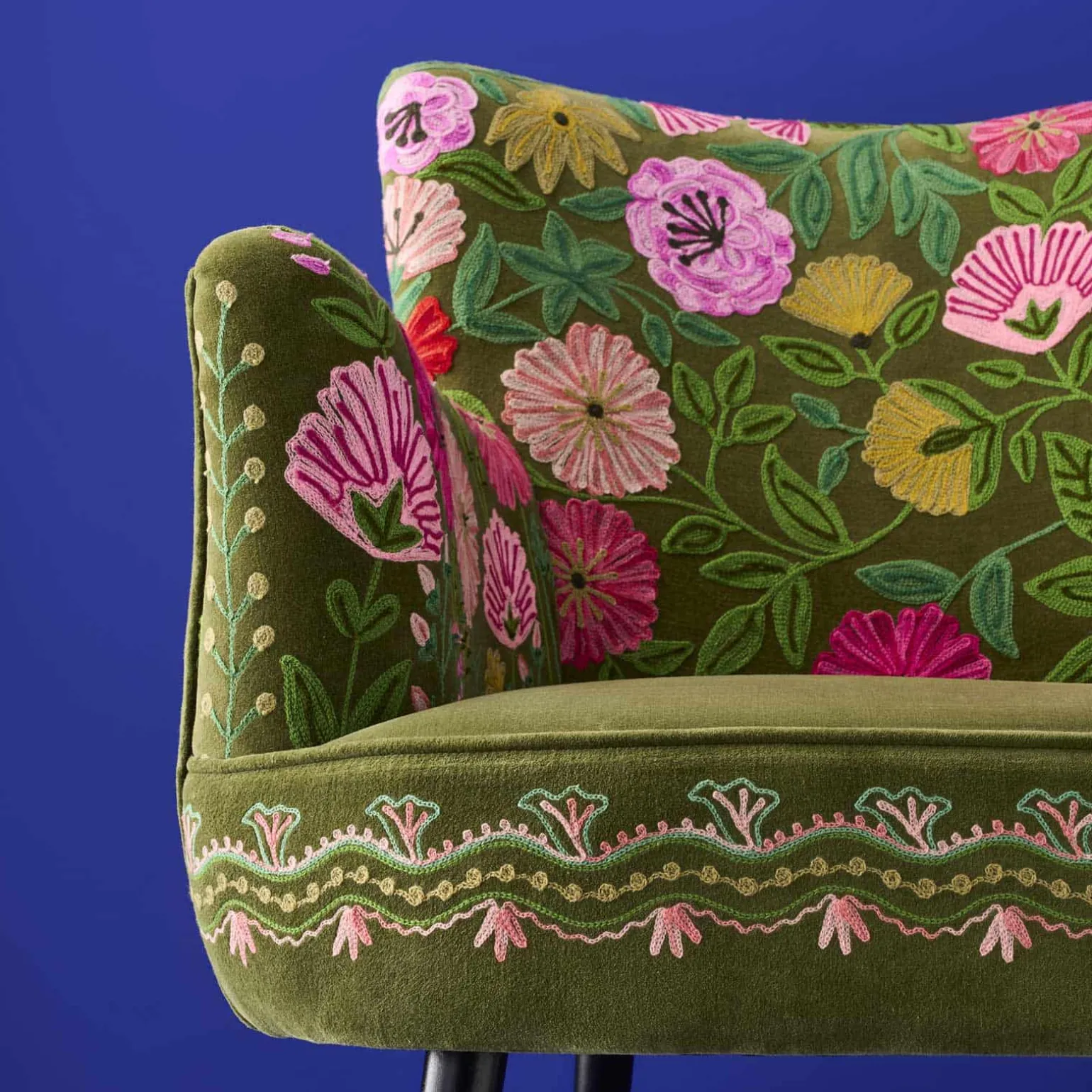 Fauteuil en Velours avec Motif Floral Emma, Vert, Brodé à la Main