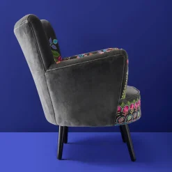 Fauteuil en Velours avec Motif Floral Lotte, Gris, Brodé à la Main