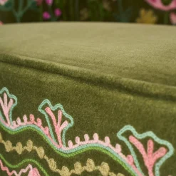 Fauteuil en Velours avec Motif Floral Emma, Vert, Brodé à la Main