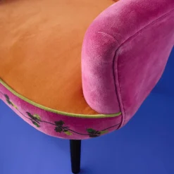 Fauteuil en Velours avec Motif d'Oiseau Kolibri, Orange-Rose, Brodé à la Main