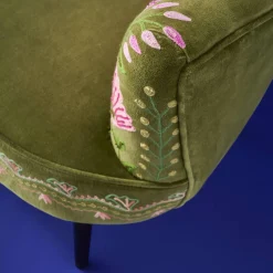 Fauteuil en Velours avec Motif Floral Emma, Vert, Brodé à la Main