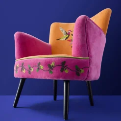 Fauteuil en Velours avec Motif d'Oiseau Kolibri, Orange-Rose, Brodé à la Main