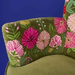 Fauteuil en Velours avec Motif Floral Emma, Vert, Brodé à la Main