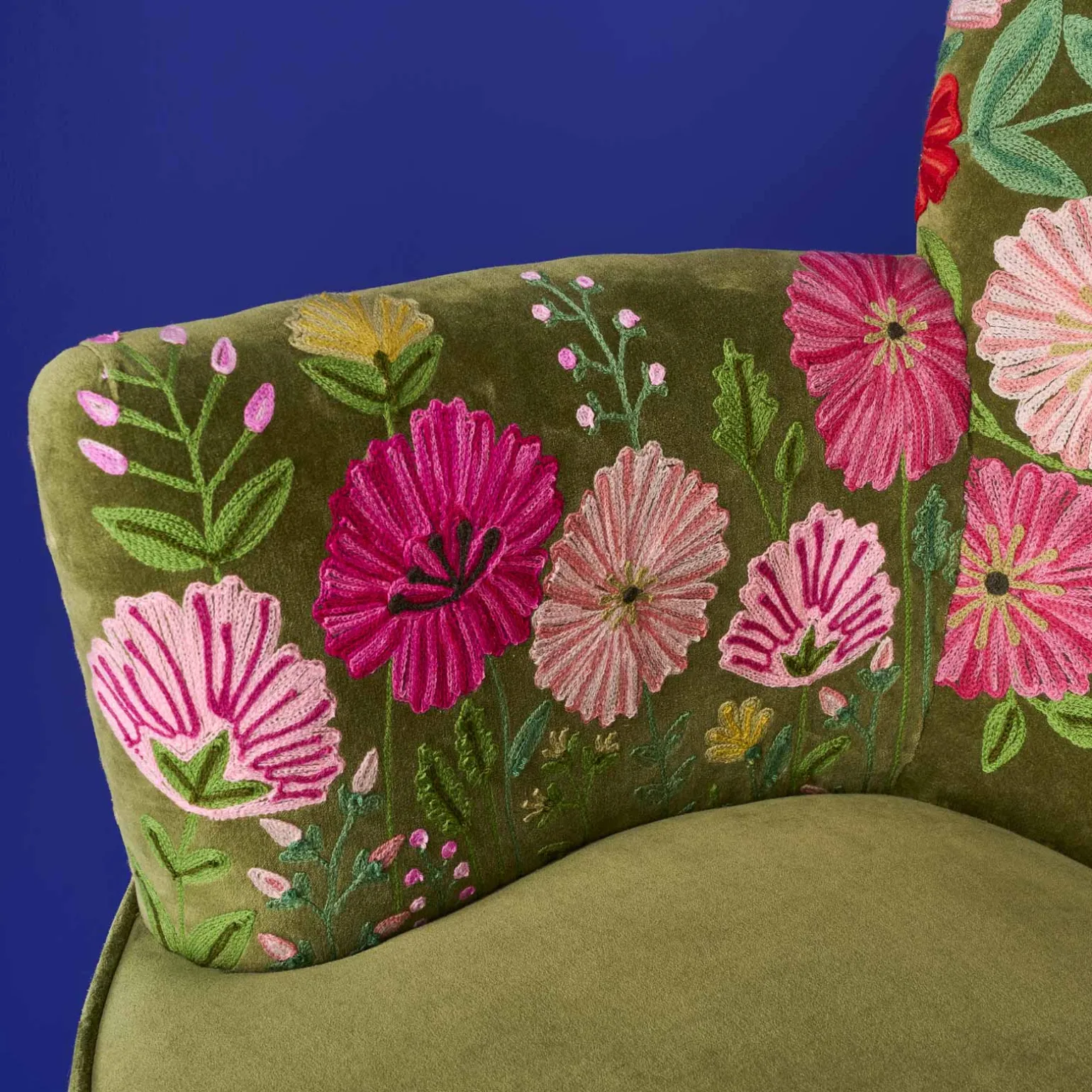 Fauteuil en Velours avec Motif Floral Emma, Vert, Brodé à la Main