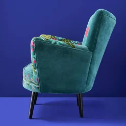 Fauteuil en Velours avec Motif Floral Frida, Turquoise, Brodé à la Main