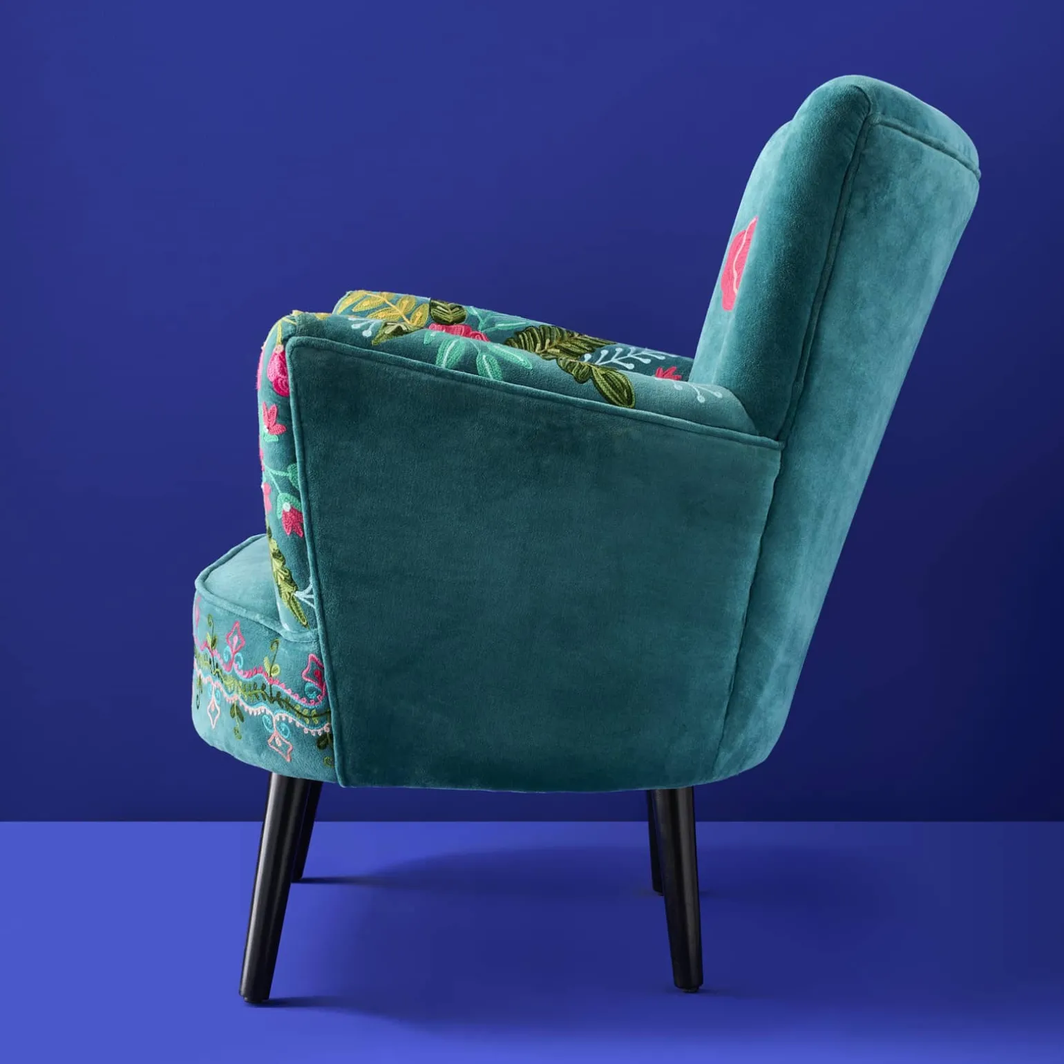 Fauteuil en Velours avec Motif Floral Frida, Turquoise, Brodé à la Main