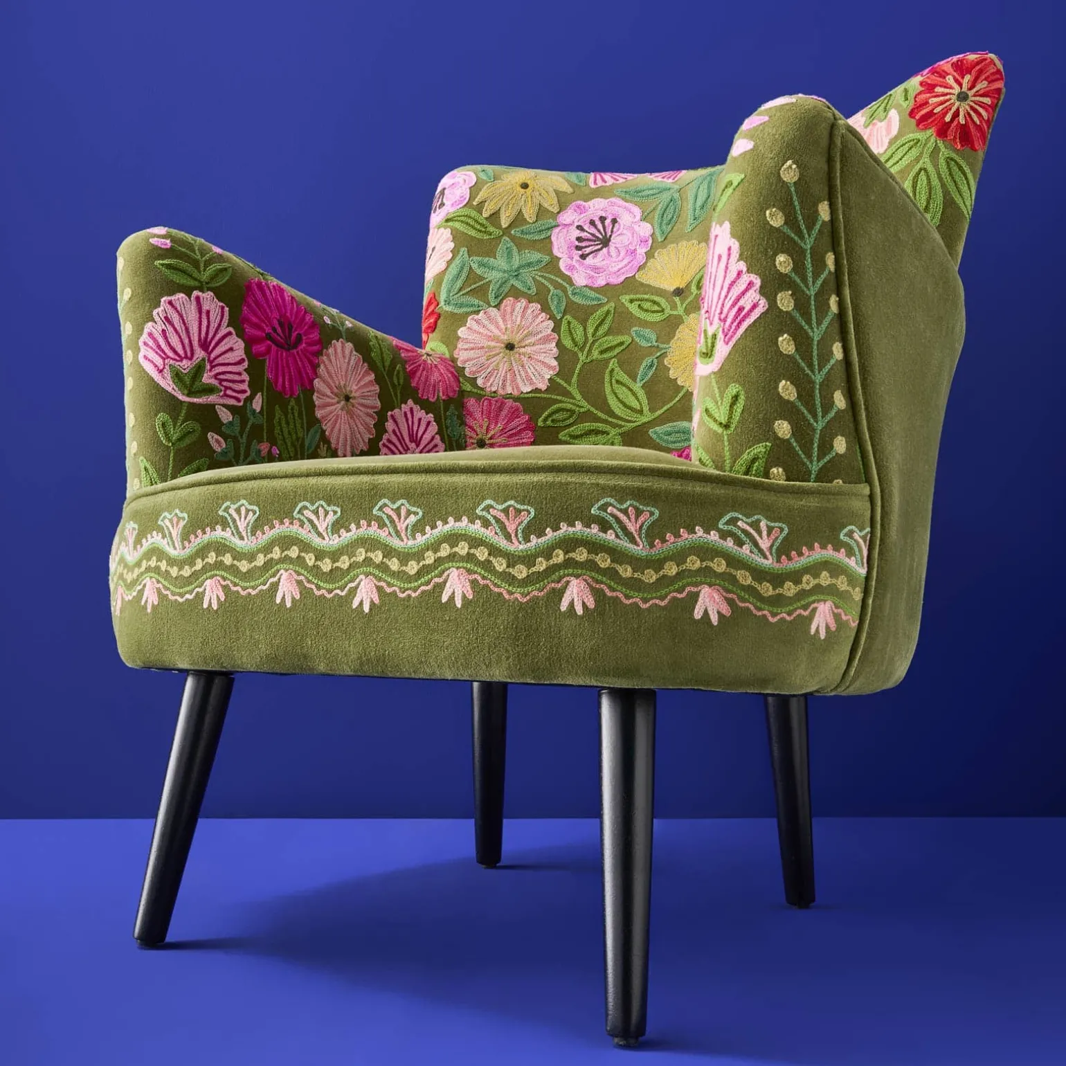 Fauteuil en Velours avec Motif Floral Emma, Vert, Brodé à la Main