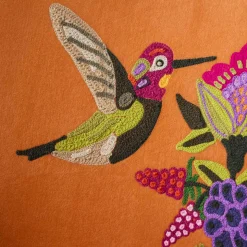 Fauteuil en Velours avec Motif d'Oiseau Kolibri, Orange-Rose, Brodé à la Main