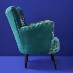 Fauteuil en Velours avec Motif Floral Frida, Turquoise, Brodé à la Main