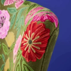 Fauteuil en Velours avec Motif Floral Emma, Vert, Brodé à la Main