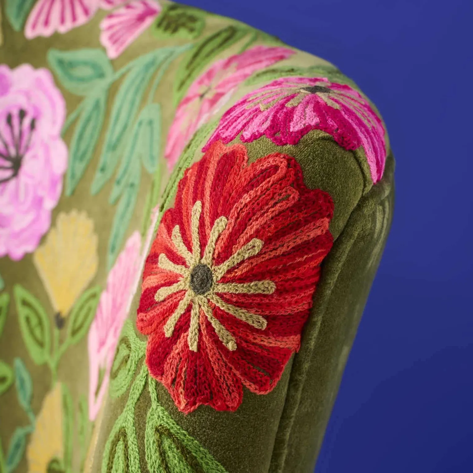 Fauteuil en Velours avec Motif Floral Emma, Vert, Brodé à la Main