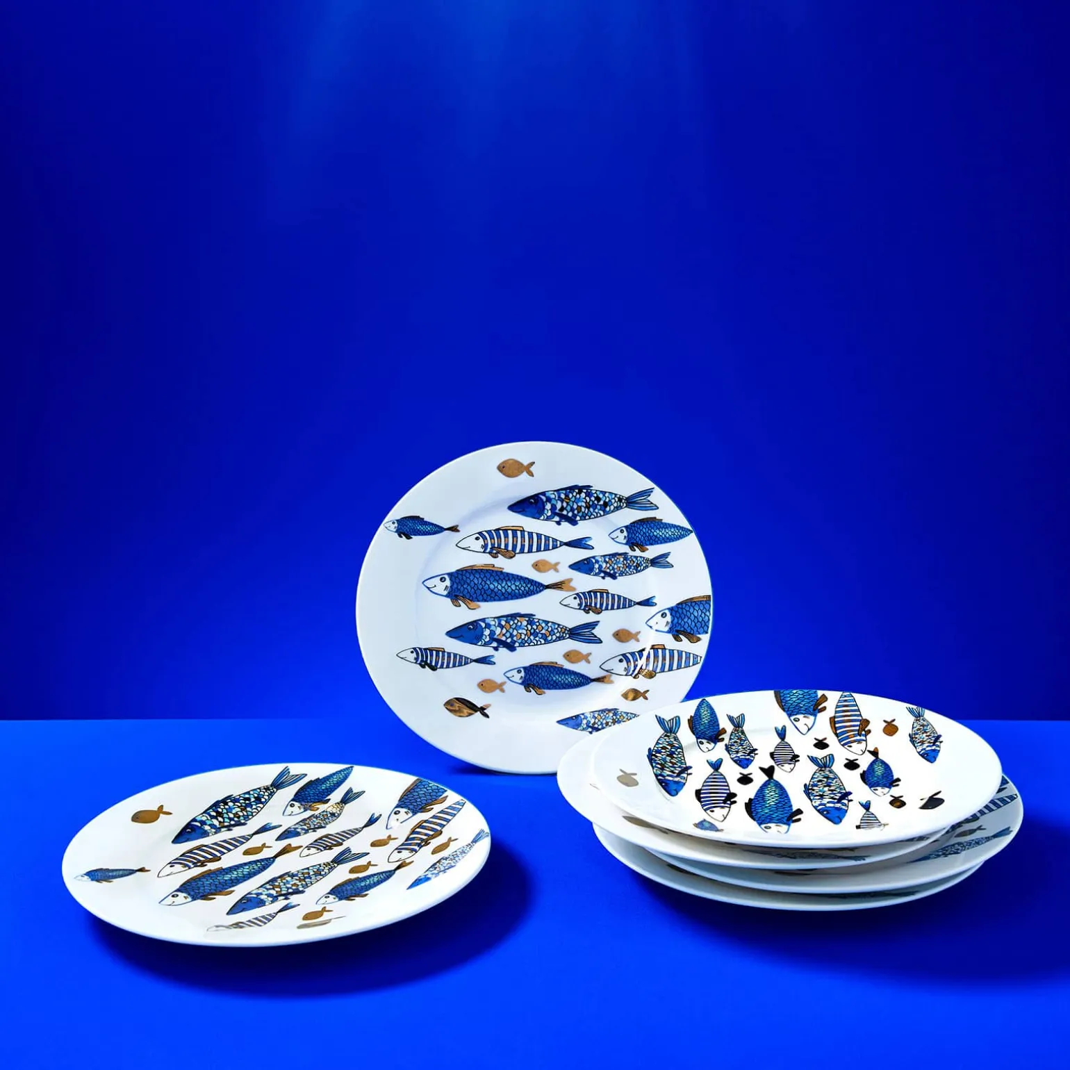 Lot de 6 assiettes à dessert Fische Blue Fish, avec dorure