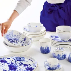 Lot de 6 assiettes à salade Marine Splash, blanc/bleu/or