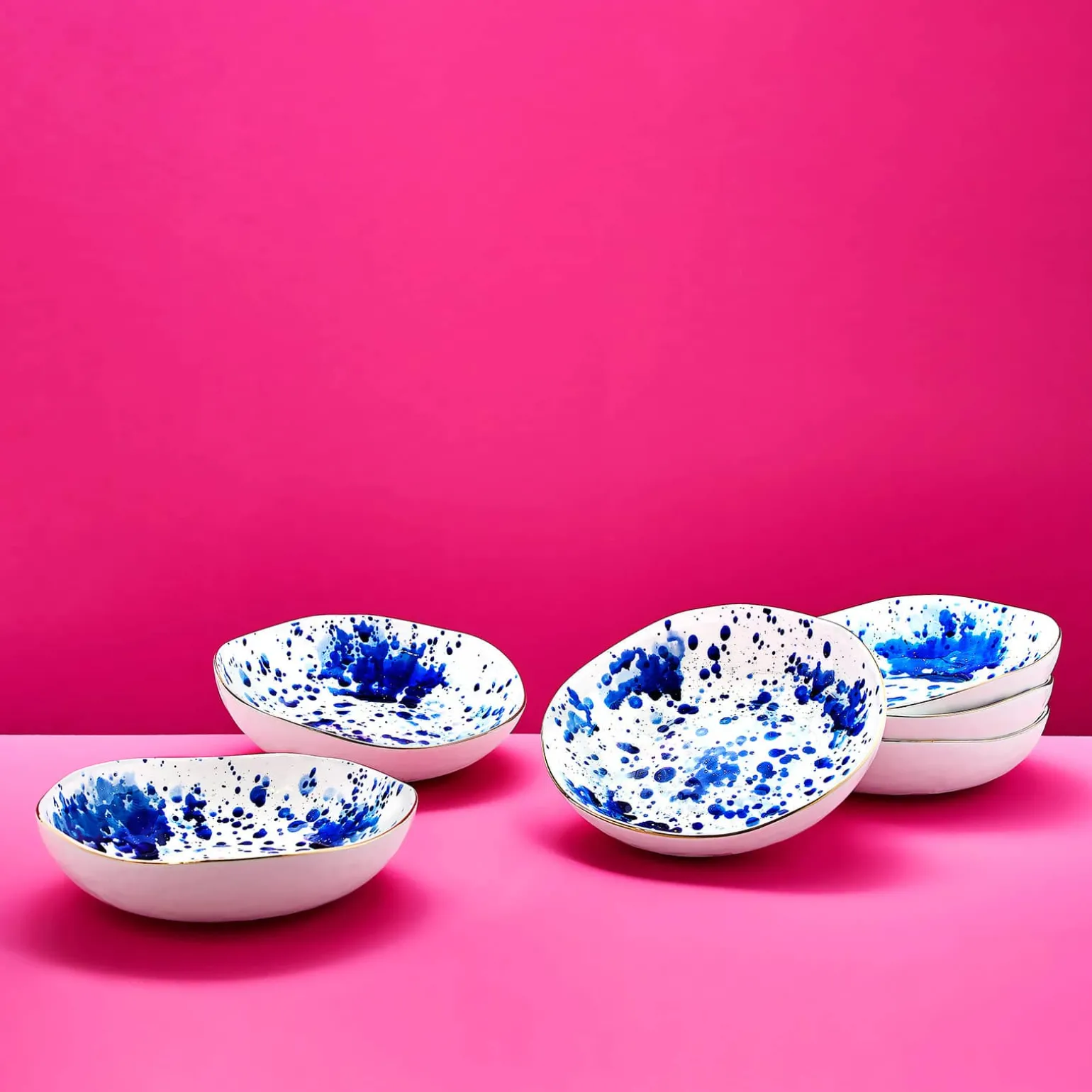 Lot de 6 assiettes creuses Marine Splash, blanc/bleu/or