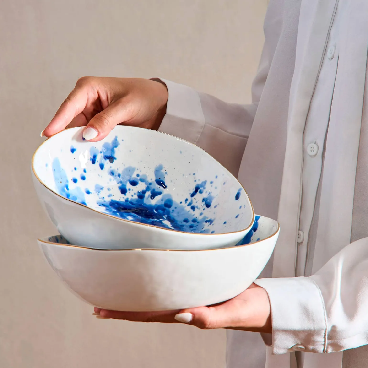 Lot de 6 assiettes creuses Marine Splash, blanc/bleu/or