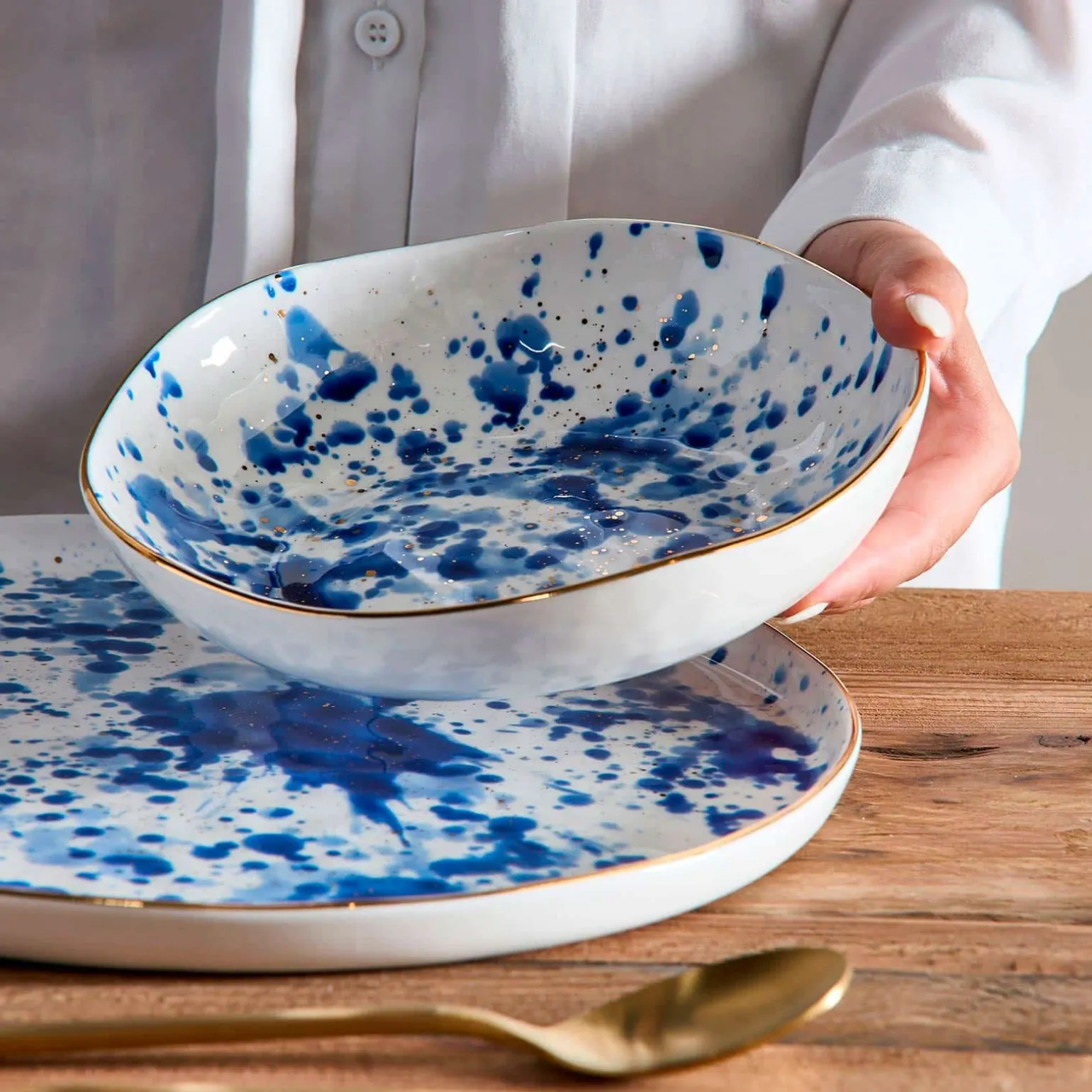 Lot de 6 assiettes plates Marine Splash, blanc/bleu/or