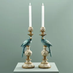 Lot de 2 bougeoirs perroquets, blanc turquoise