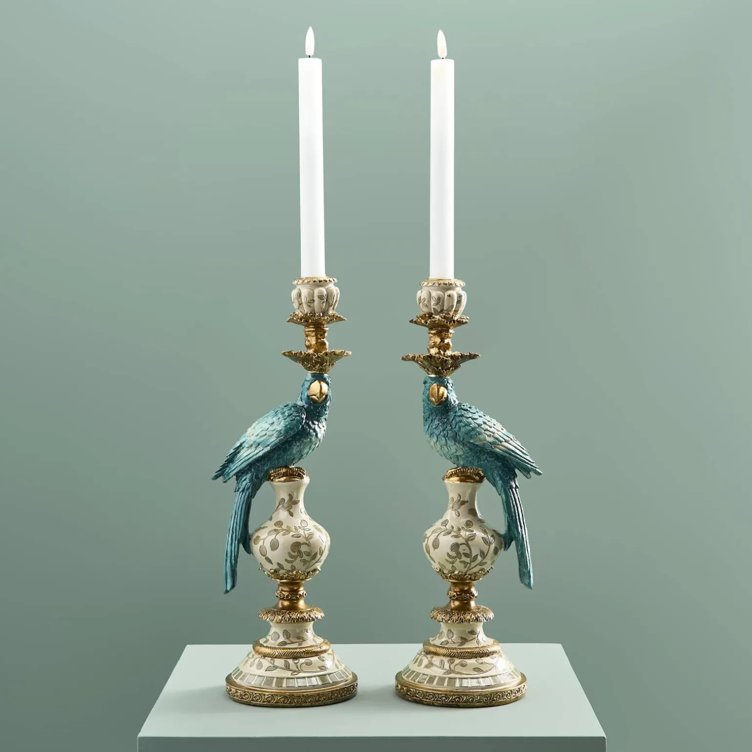 Lot de 2 bougeoirs perroquets, blanc turquoise