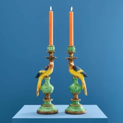 Lot de 2 bougeoirs perroquets, vert-bleu-jaune