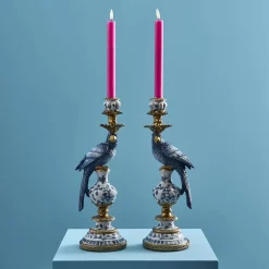 Lot de 2 bougeoirs perroquet, bleu-blanc-or