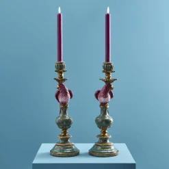Lot de 2 bougeoirs perroquets, rose-vert