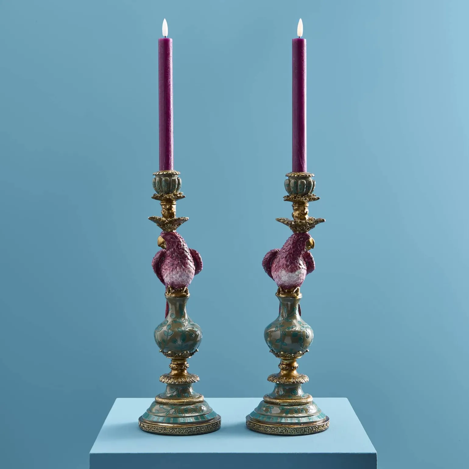 Lot de 2 bougeoirs perroquets, rose-vert