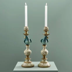 Lot de 2 bougeoirs perroquets, blanc turquoise