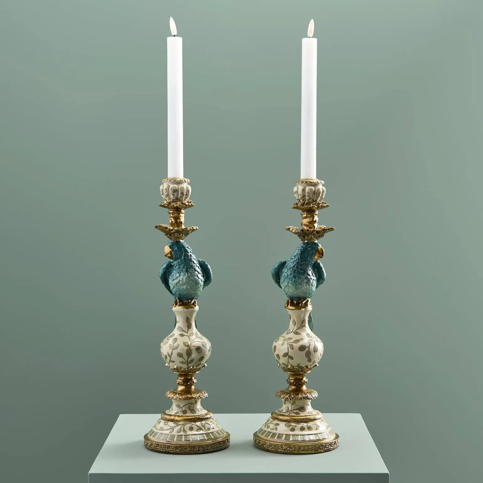 Lot de 2 bougeoirs perroquets, blanc turquoise