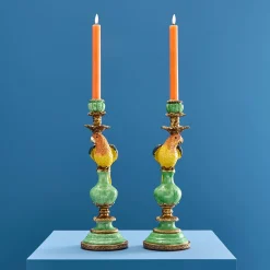 Lot de 2 bougeoirs perroquets, vert-bleu-jaune