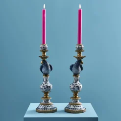 Lot de 2 bougeoirs perroquet, bleu-blanc-or