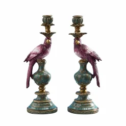 Lot de 2 bougeoirs perroquets, rose-vert