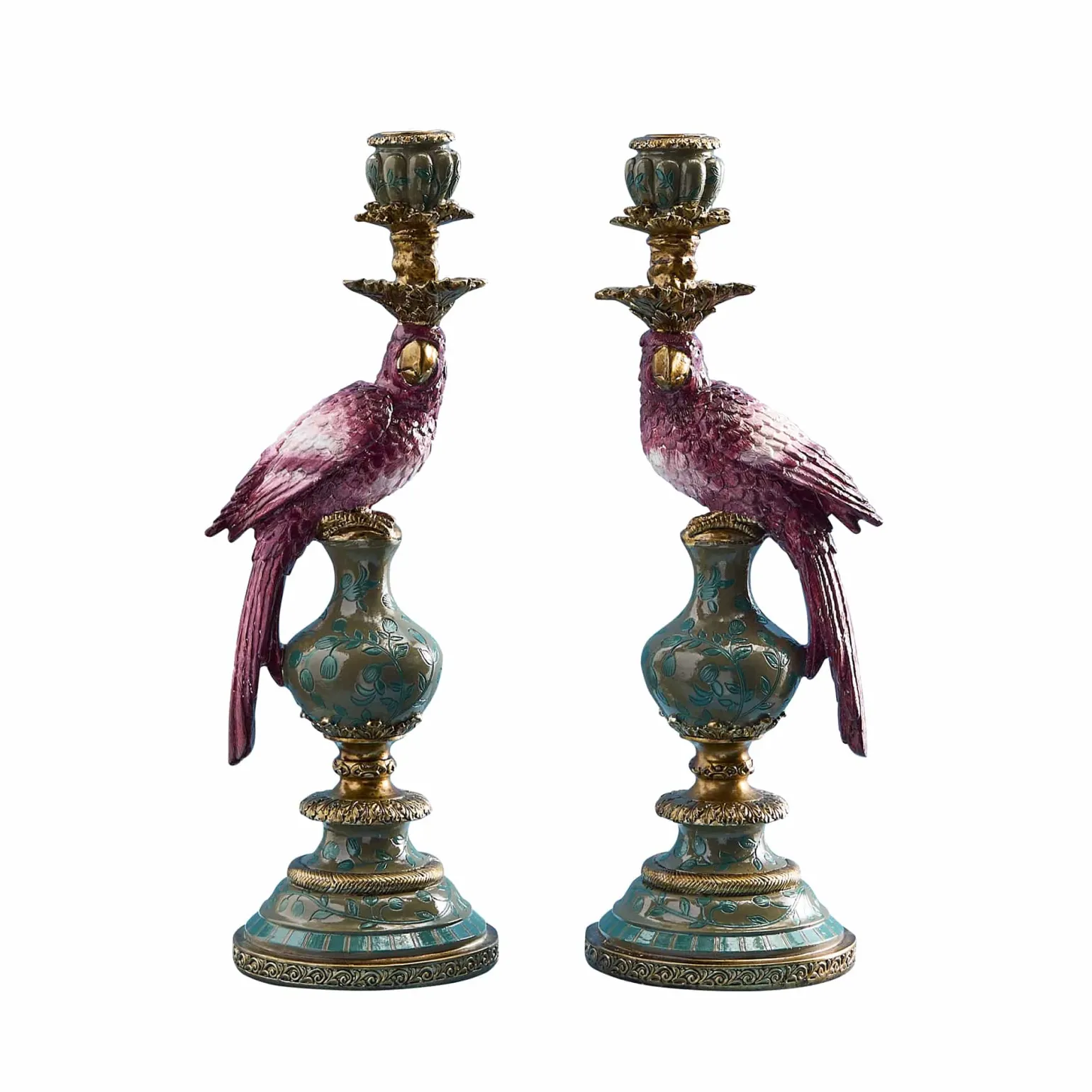 Lot de 2 bougeoirs perroquets, rose-vert