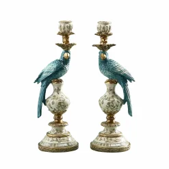 Lot de 2 bougeoirs perroquets, blanc turquoise