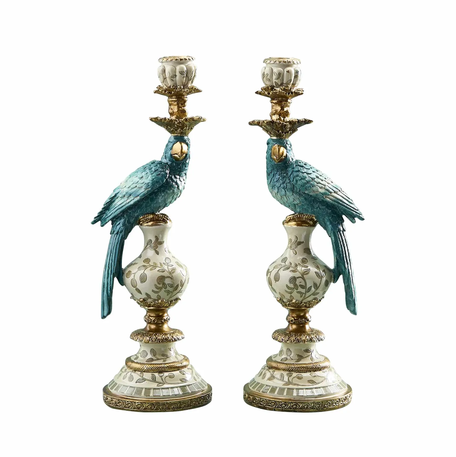 Lot de 2 bougeoirs perroquets, blanc turquoise