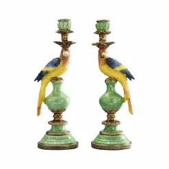 Lot de 2 bougeoirs perroquets, vert-bleu-jaune