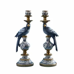 Lot de 2 bougeoirs perroquet, bleu-blanc-or