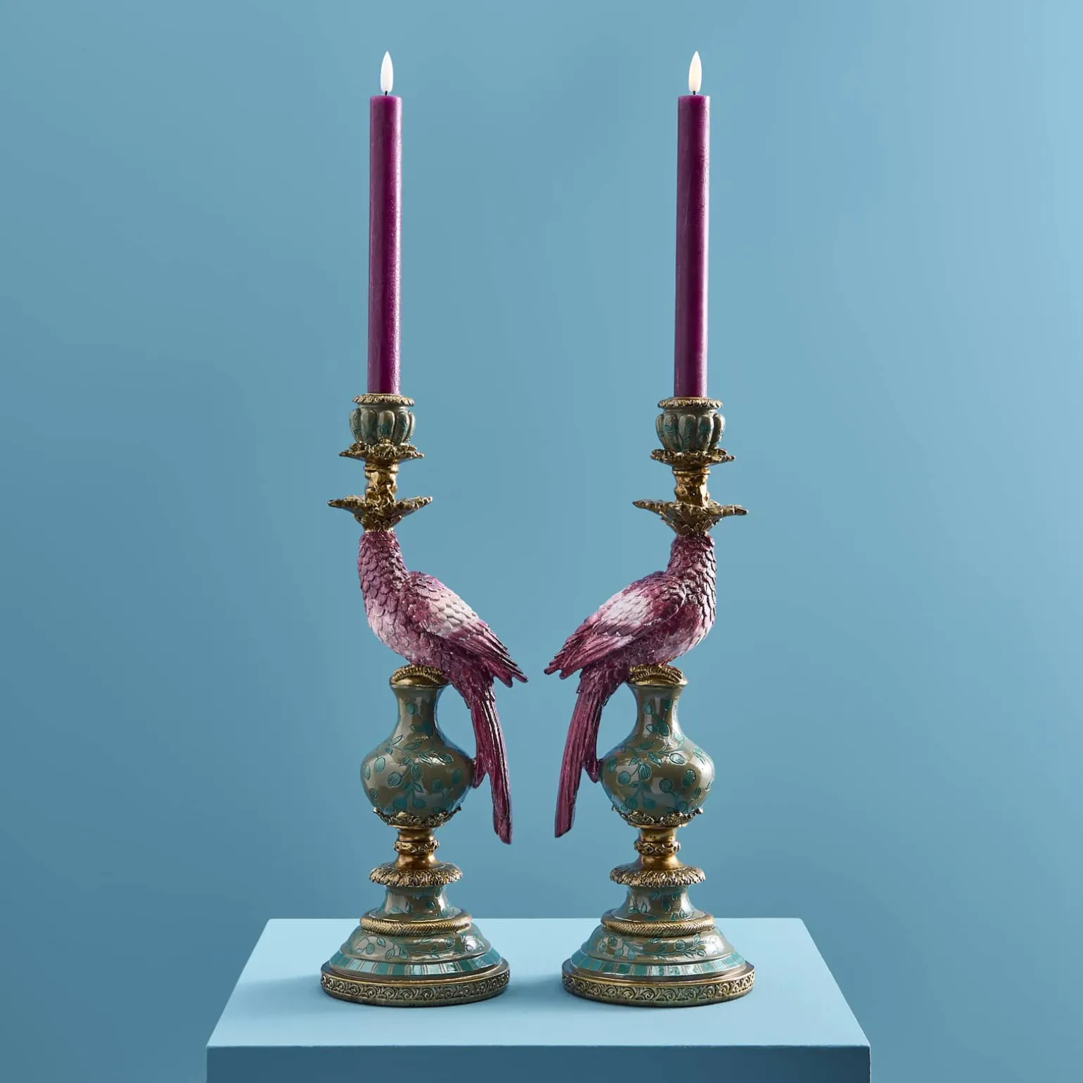 Lot de 2 bougeoirs perroquets, rose-vert