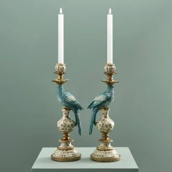 Lot de 2 bougeoirs perroquets, blanc turquoise