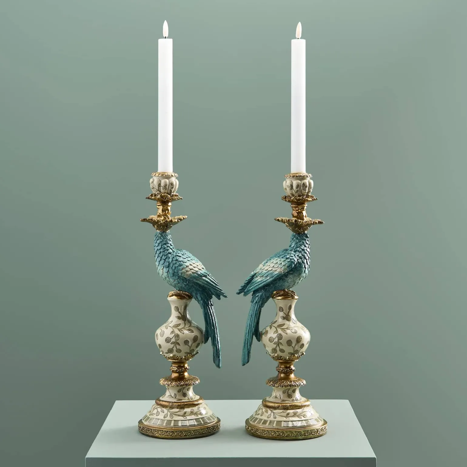 Lot de 2 bougeoirs perroquets, blanc turquoise
