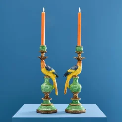 Lot de 2 bougeoirs perroquets, vert-bleu-jaune