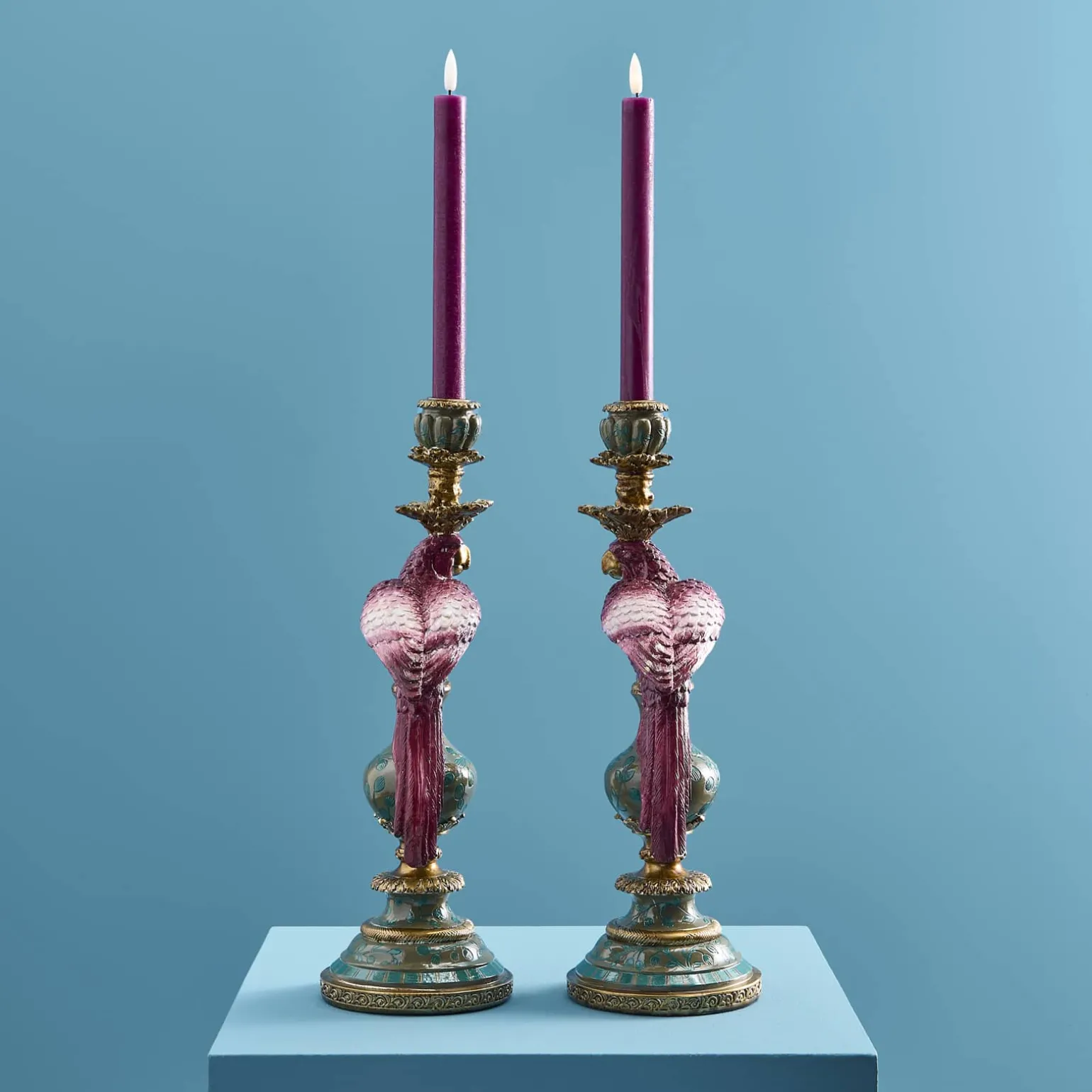 Lot de 2 bougeoirs perroquets, rose-vert
