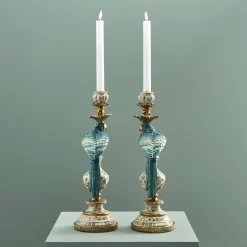 Lot de 2 bougeoirs perroquets, blanc turquoise