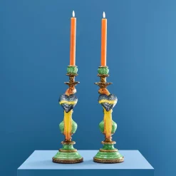 Lot de 2 bougeoirs perroquets, vert-bleu-jaune