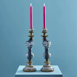 Lot de 2 bougeoirs perroquet, bleu-blanc-or