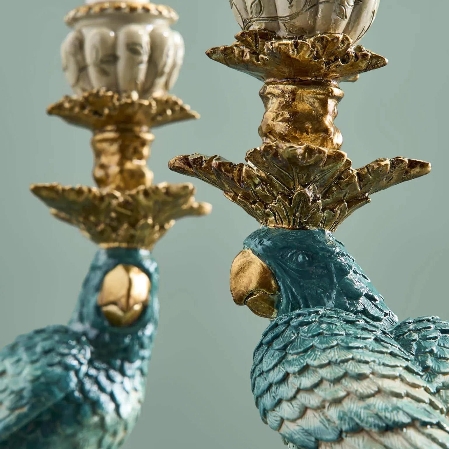 Lot de 2 bougeoirs perroquets, blanc turquoise