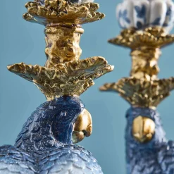 Lot de 2 bougeoirs perroquet, bleu-blanc-or