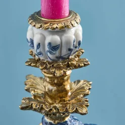 Lot de 2 bougeoirs perroquet, bleu-blanc-or