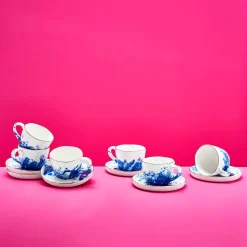 Lot de 6 tasses à espresso Marine Splash, blanc/bleu/or