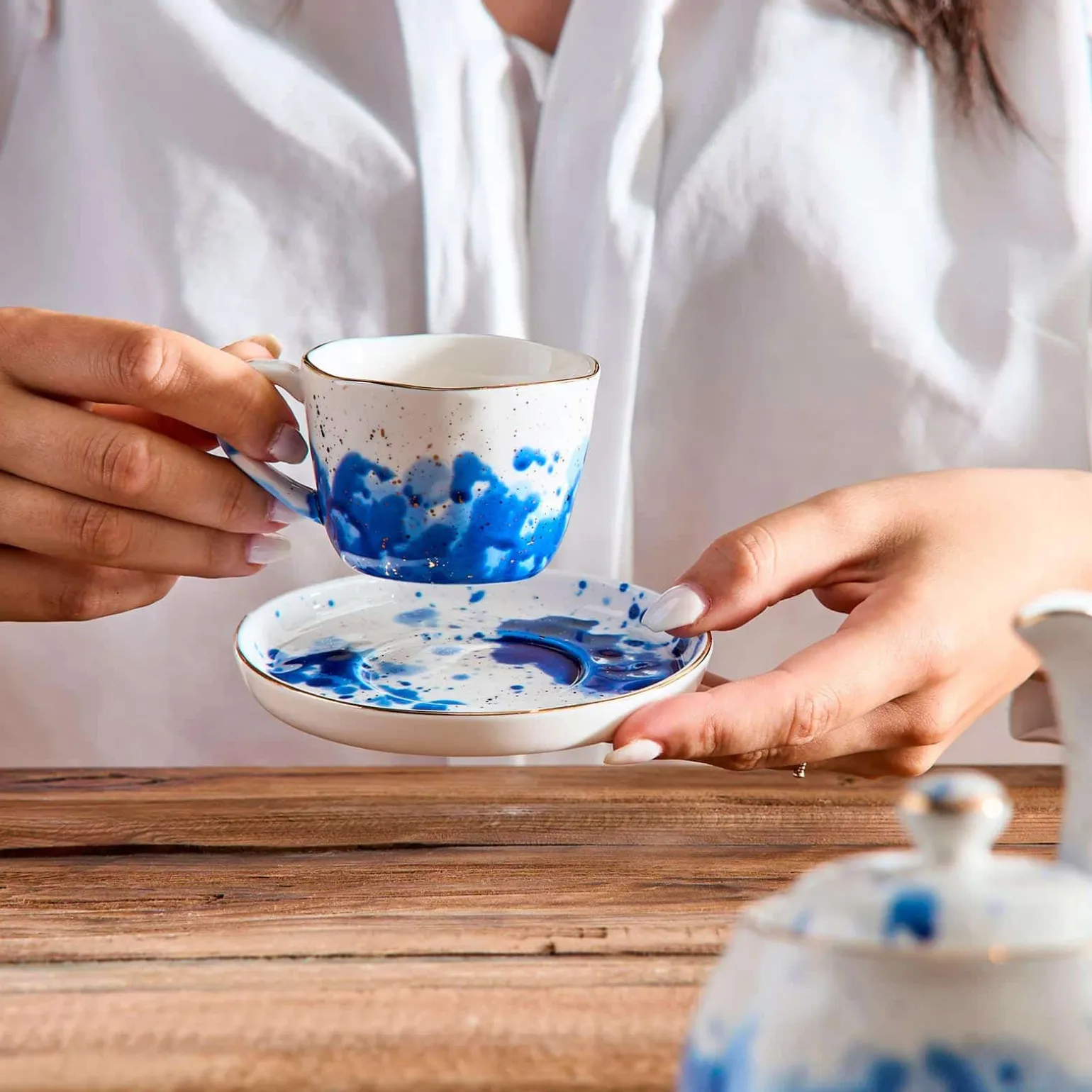 Lot de 6 tasses à espresso Marine Splash, blanc/bleu/or
