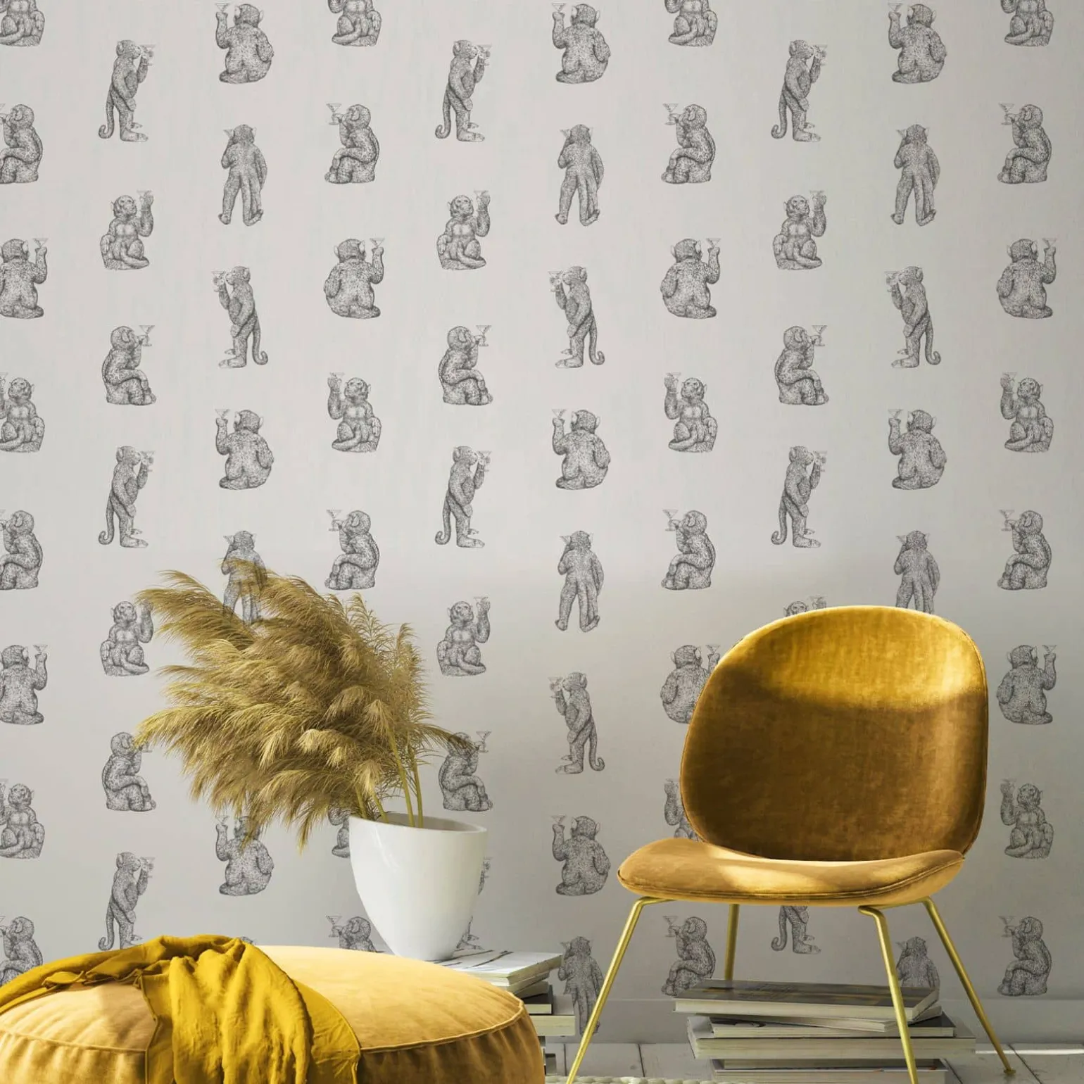 Papier peint singe Cocktail Monkeys, blanc